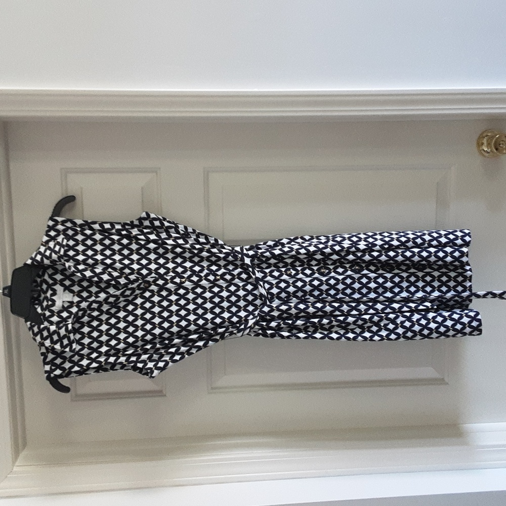 Blue and white dress with tie belt